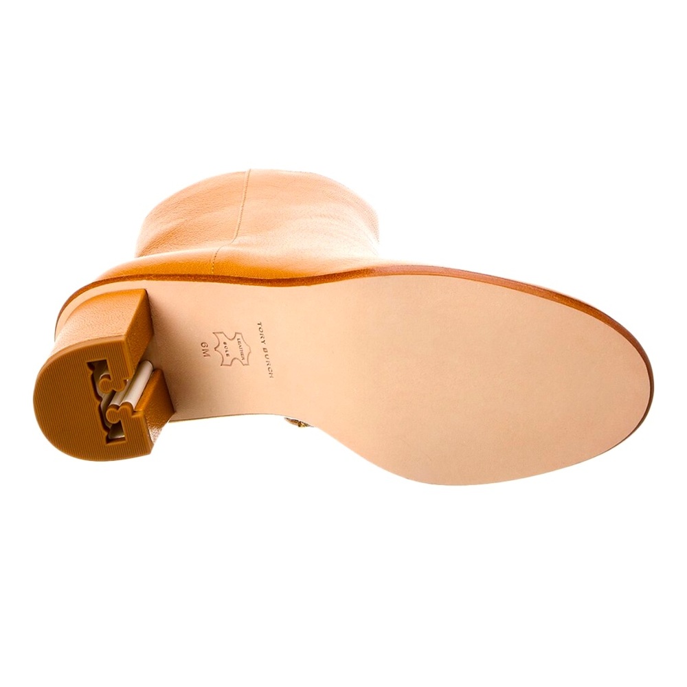 TORY BURCH BROOKE STAMPED HEEL ROUND TOE LEATHER BOOTIE IN CARAMEL CORN - 9 - Picture 9 of 16